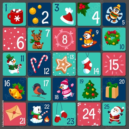 Advent calendar. Gifts numbers, cute holiday card windows. Christmas kids creative presents, xmas decoration prints. December childish countdown garish vector play
