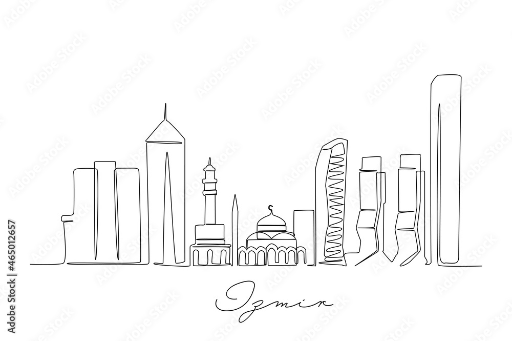 Continuous one line drawing of Izmir Turkey skyline. City One Line Art Illustration. Simple Minimalistic modern drawing.