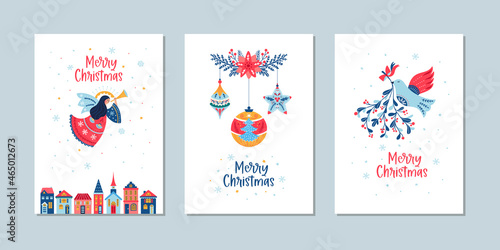 Christmas cards vector set of angel balls mistletoe