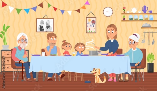 Family holiday dinner. Thanksgiving table, holidays big feast meal. Traditional christmas evening, cartoon people eating together decent vector scene