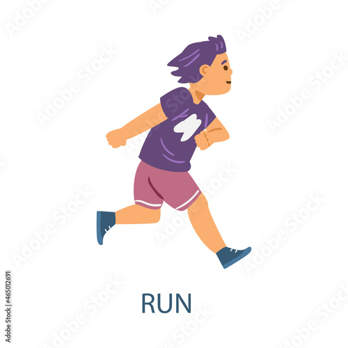 Child boy running, flat vector illustration isolated on white background.