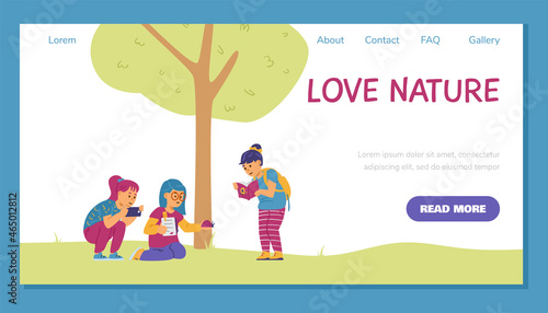 Group of children exploring nature and outdoors landing page template - flat vector illustration.