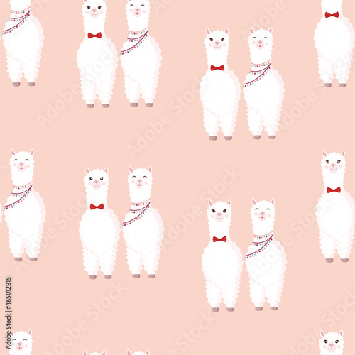 Seamless pattern with llamas in love on a pink background. Vector illustration suitable for baby texture, textile, fabric, poster, Valentines day greeting card, decor. Cute alpaca from Peru.