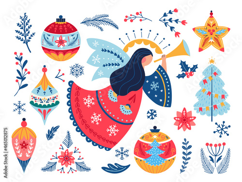 Christmas angel decor balls tree vector set