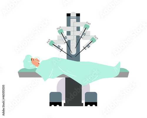 Patient is operated with surgery robot, flat vector illustration isolated.