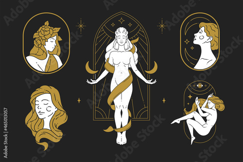 Fotografia Linear icon set esoteric woman goddess with half moon and stars wearing flower i