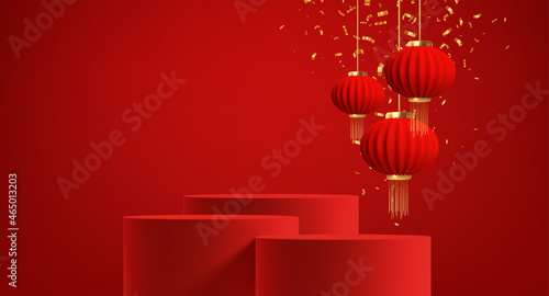Chinese new year background with realistic 3d red product podium and red Chinese paper lanterns. Vector illustration