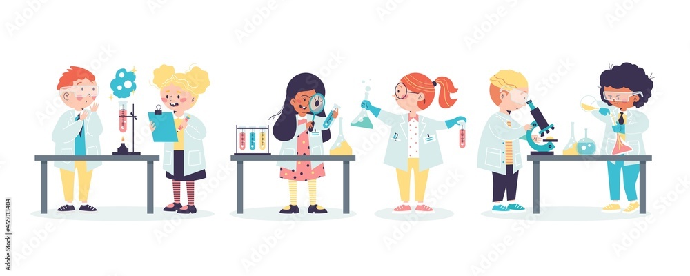 Children conducting science experiments cartoon vector illustration isolated.