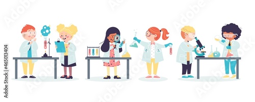 Children conducting science experiments cartoon vector illustration isolated.