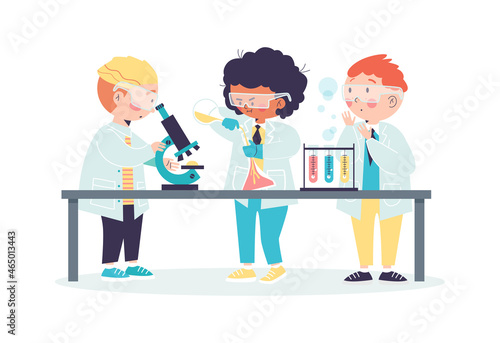 Kids little scientists biologists or chemists, flat vector illustration isolated.