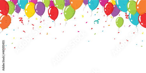 Balloons and confetti streamer celebration of birthday party banner frame template for copy space text vector or festive colorful fun baloons for anniversary event decoration on white flat cartoon