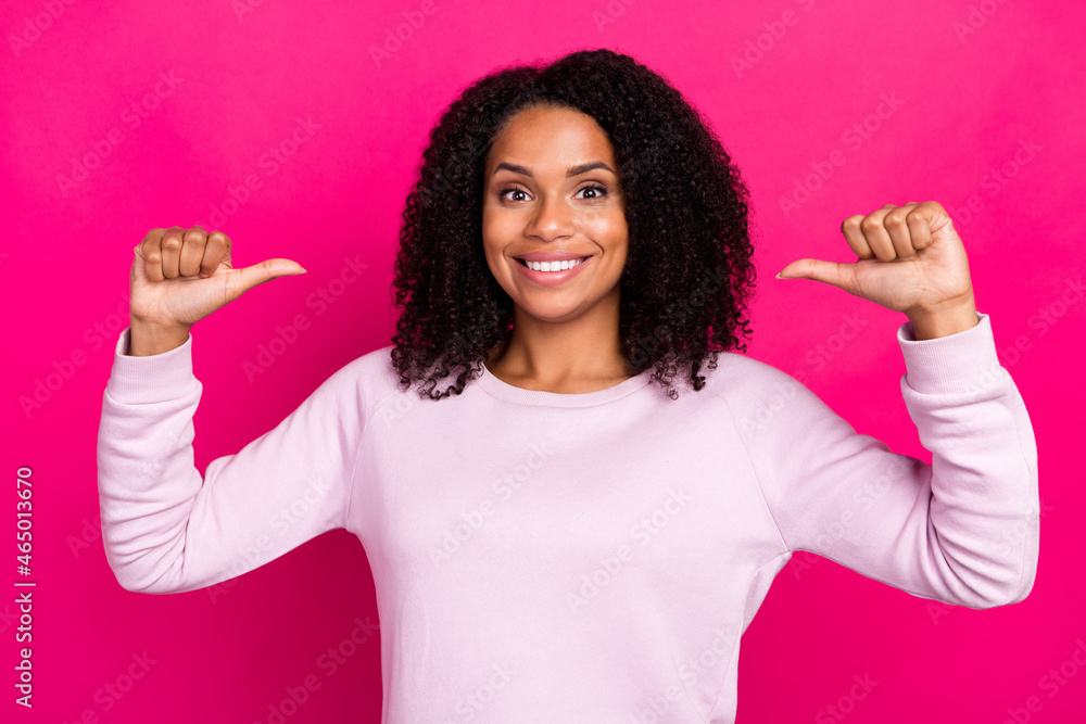 Photo of funny young brunette lady point herself wear pink sweater isolated on magenta color background Photo of funny young brunette lady point herself wear pink sweater isolated on magenta color background