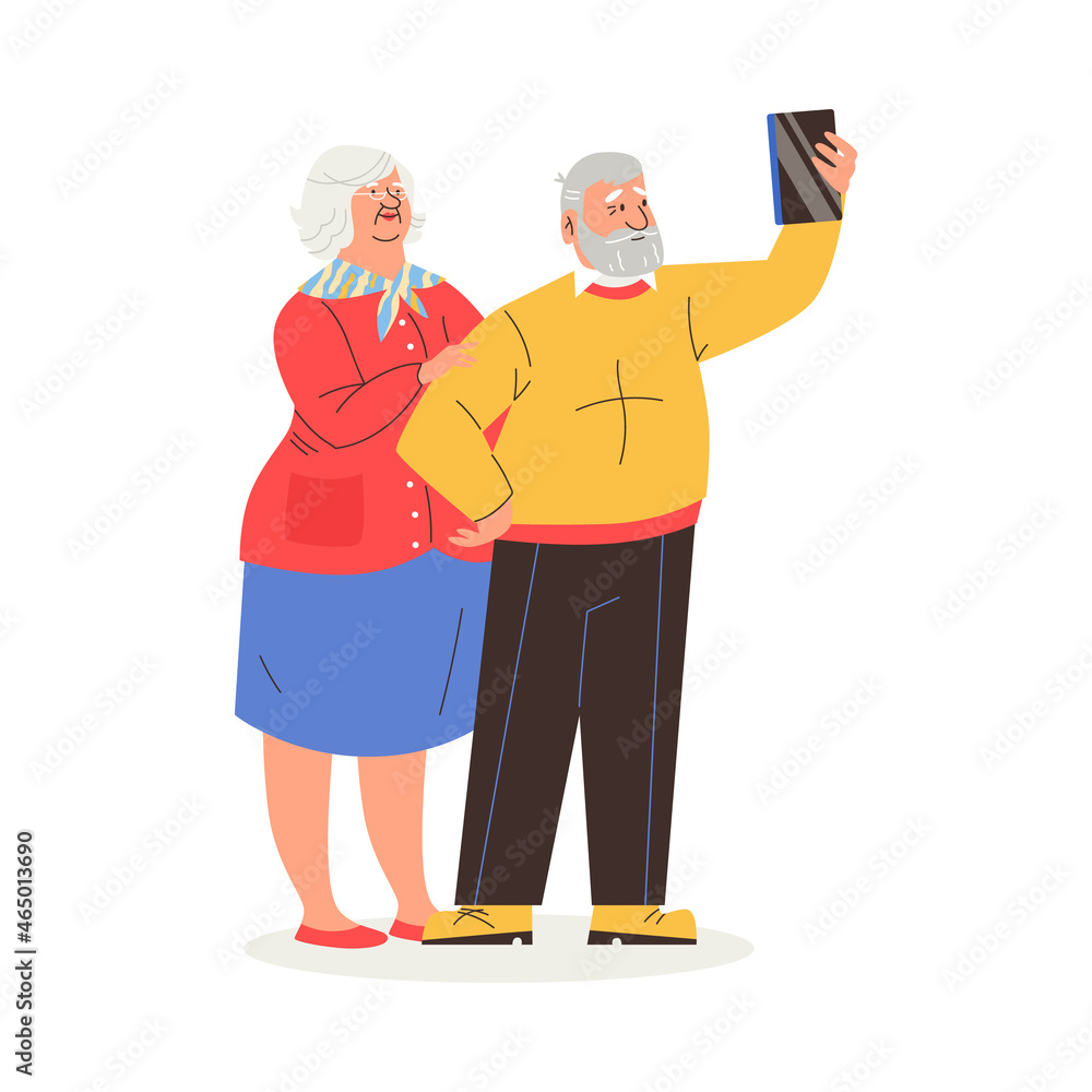 Old age retired people use phone or tablet, flat vector illustration isolated.
