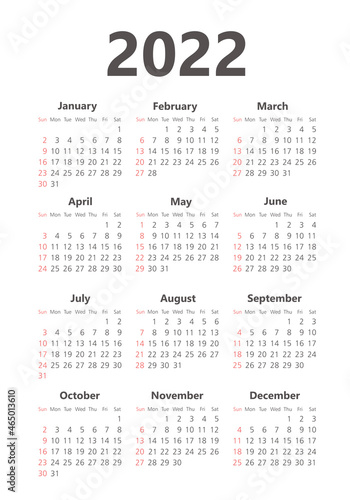 Vector calendar 2022 year. Week starts from Sunday