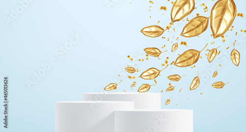 Scene for a product commercial with autumnal golden leaves. Product podium modern 3d realistic design. Fall sale backdrop. Vector illustration