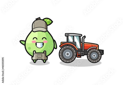 the guava farmer mascot standing beside a tractor