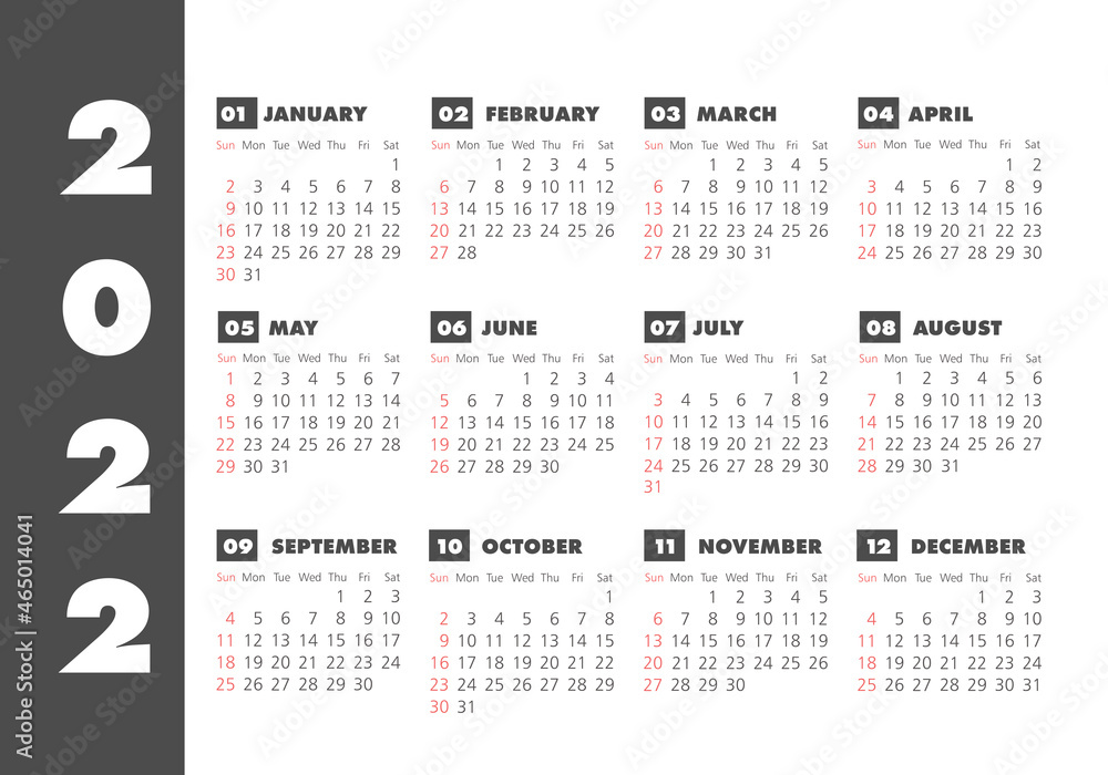Vector calendar 2022 year. Week starts from Sunday Vector calendar 2022 year. Week starts from Sunday