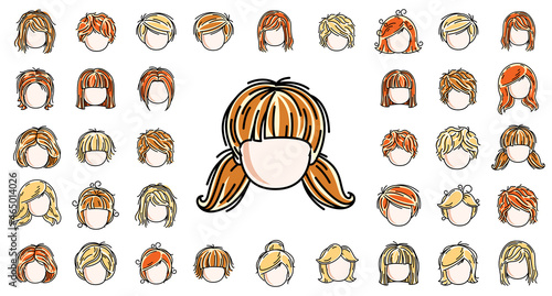 Woman hairstyles heads vector illustrations set isolated on white background, girl attractive beautiful haircuts collection, different hair color.