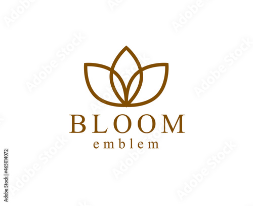 Geometric linear style vector flower logo or emblem isolated on white, sacred geometry floral symbol line drawing emblem, blossoming flower hotel or boutique or jewelry logotype.