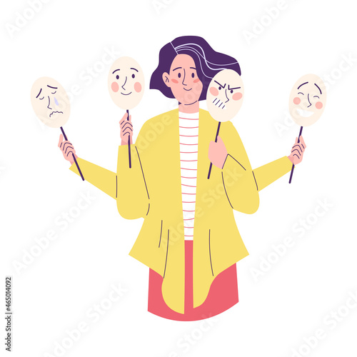 Woman holds masks with different emotions, flat vector illustration isolated on white background.