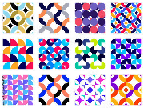 Geometric abstract seamless patterns set with colorful simple elements of geometry, wallpaper background in retro 70s style, Bauhaus constructive style tiles collection.