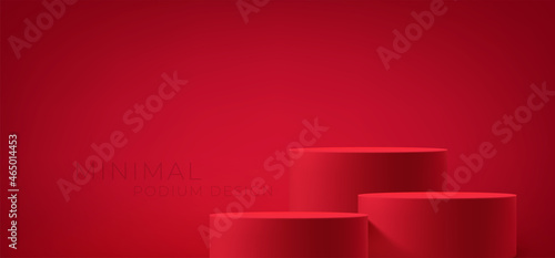 Realistic 3d red product podium on red background. Red product stage for product demonstration. Background for presentation, advertising, banner, poster. Vector illustration