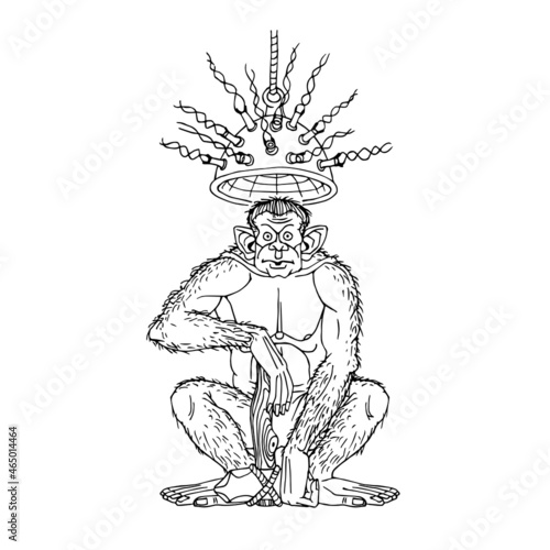 Ape with a flint axe, squatting. Electroencephalogram for a monkey. Funny character. Vector illustration with black contour lines isolated on a white background in cartoon and hand-drawn style.