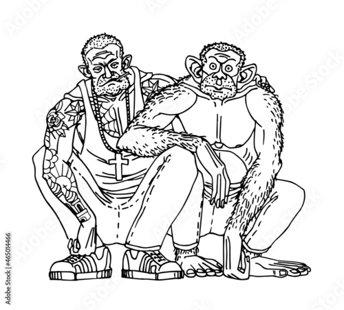 Inseparable friends squatting together. A gangster with his partner. A criminal gang. Vector illustration with black contour lines isolated on a white background in cartoon and hand-drawn style.