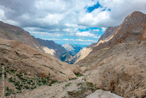 Aladaglar National Park (glacial landscape). Cloudy mountain landscape. Reflections in the lake. Trekking walks. Flowery mountain landscape.Trans transitions. Nigde, Turkey.