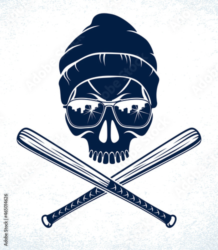 Gangster emblem logo or tattoo with aggressive skull baseball bats design elements, vector, criminal ghetto vintage style, gangster anarchy or mafia theme.
