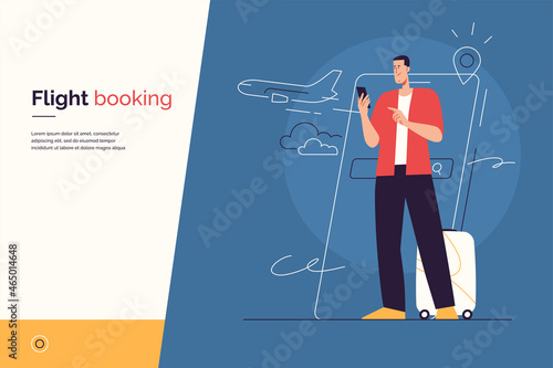 Vector illustration on the subject of traveling, searching and purchasing of plane tickets, online flight booking via smartphone. Editable stroke