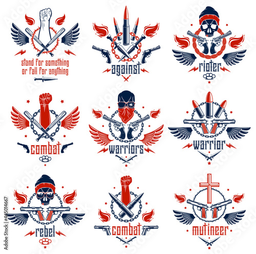 Anarchy and Chaos aggressive emblem or logo with strong clenched fist, aggressive skull, bullets and guns, weapons and different design elements , vector tattoo, rebel and revolutionary.