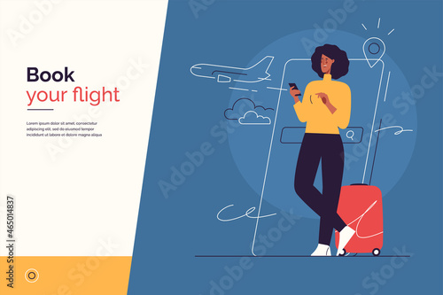Vector illustration on the subject of traveling, searching and purchasing of plane tickets, online flight booking via smartphone. Editable stroke
