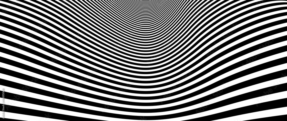 Abstract op art black and white lines in hyper 3D perspective vector abstract background, artistic illustration psychedelic linear pattern, hypnotic optical illusion.