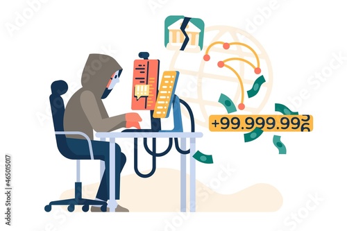 Hacker work. Digital thief and fraudster hacks banking protection. Masked man behind monitors. Cyber password cracker. Financial scammer. Robber steals money. Vector cybercrime concept photo