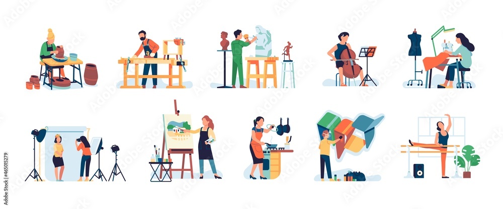 People hobbies and professions. Crafts masters working in workshops. Sculptor, carpenter and seamstress creating artworks. Photographer and ballerina in studio. Vector handicrafts set