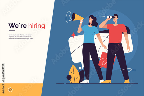 Vector illustration on the subject of hiring, new employees recruiting, announcement and promotion. Editable stroke