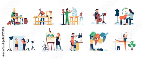 People hobbies and professions. Crafts masters working in workshops. Sculptor, carpenter and seamstress creating artworks. Photographer and ballerina in studio. Vector handicrafts set