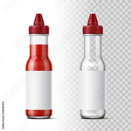Glass tomato ketchup bottle. Realistic 3D packaging with plastic lid dispenser. Full or empty containers on transparent background. Food dressing package with blank label. Vector concept