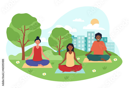 Yoga health benefits concept. Women meditate outdoors. Characters sit in lotus position in park and improve their mental or psychological health. Pregnant girls. Cartoon flat vector illustration