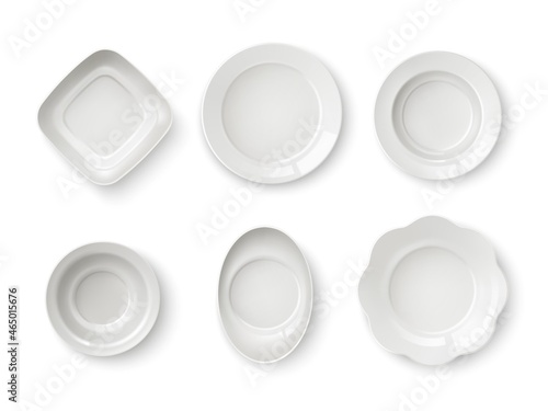 Realistic plates top view. Serving ceramic dinner dishes. Empty round or oval saucers. Isolated bowls and skeet mockup. White clean porcelain crockery templates. Vector tableware set