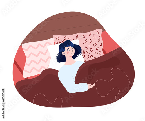 Insomnia and anxiety concept. Woman lying on bed and can not sleep at night. Tired character without strength and energy. Health problems and low melatonin levels. Cartoon flat vector illustration
