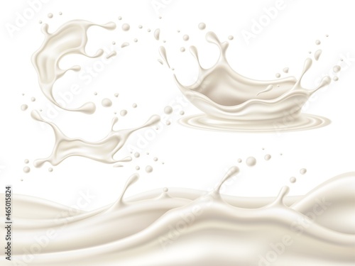 3D milk splashes. Realistic white creamy liquid flow and crowns with different shapes drops. Healthy natural drinks splatter or border. Yoghurt wave. Vector dairy product elements set
