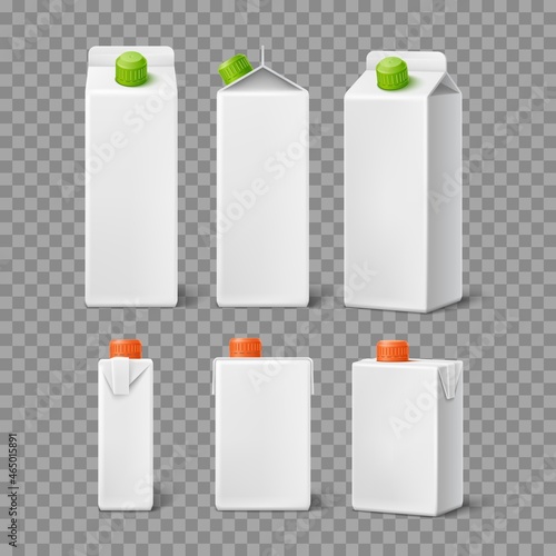 Drink carton packaging. Realistic milk or cream boxes. Lactic and fruits beverages cardboard bottles. Containers different view angles. Blank mockup for branding. Vector package set