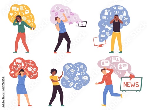 Information stress people. News spam. Men and women running from information garbage streams. Virus attack. Negative media noise. Calls and letters flow. Vector infoxicated persons set