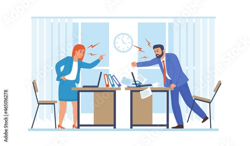 Quarreling employees. Office workers fighting and screaming. Colleagues conflict. People aggressive argue and shout. Communication confrontation and misunderstanding. Vector concept