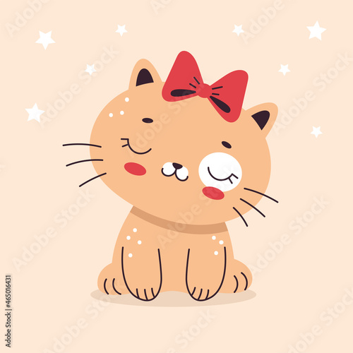 Cute little cat with a bow. Illustration in cartoon flat style. Home pet  kitten. Vector illustration for nursery  print on textiles  cards  clothes.