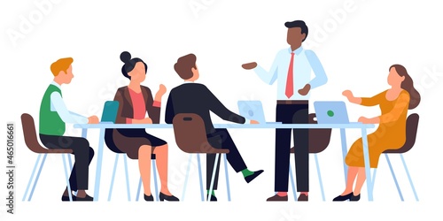 Office staff work. Business people planning strategy. Effective teamwork. Colleagues sit at table and communicate. Corporate discussion or negotiation. Vector employees brainstorming