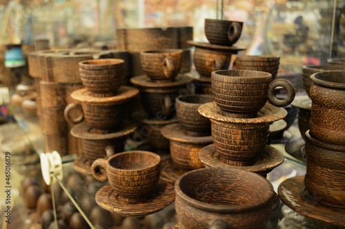 Fototapeta Naklejka Na Ścianę i Meble -  wooden tea or coffee cups for background, selective focus, blur background