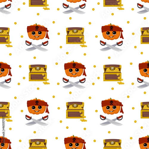 Seamless pattern with pumpkin character with emotions and face in pirate bandana, crossed sabers and with treasure chest and gold coins. Print to decorate Halloween party, birthday or holiday